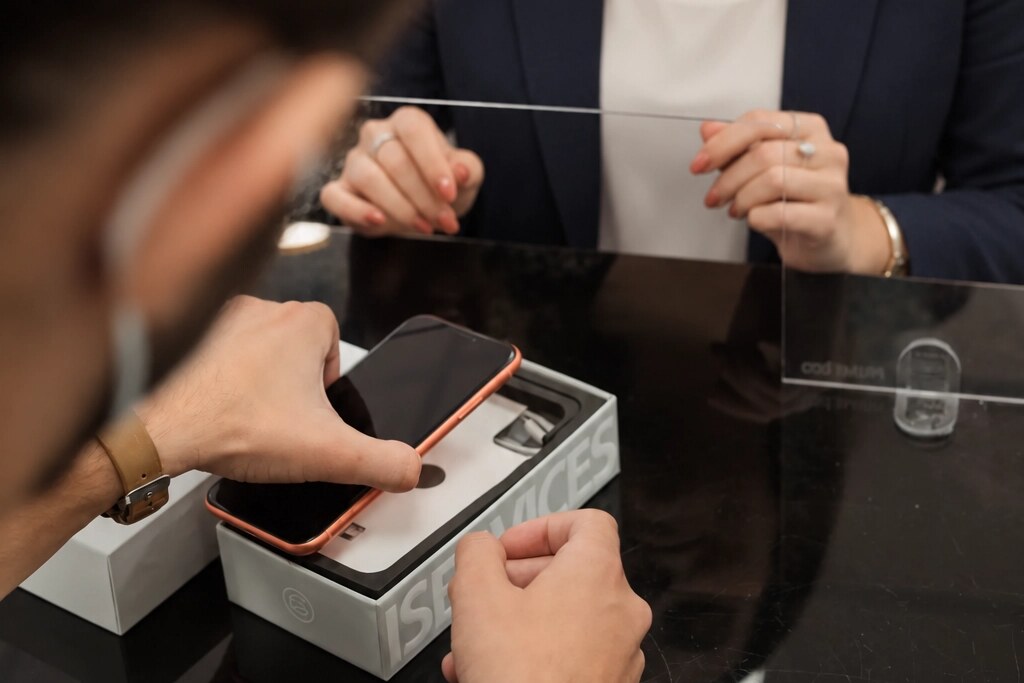 Cliente a ver um smartphone recondicionado ao balcão de uma loja iServices